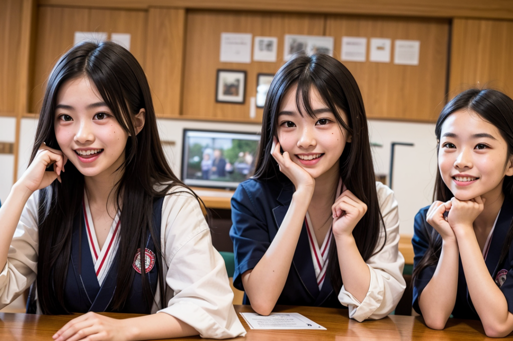 00236-2024018647-two cute girl, The scene is set in a traditional Japanese setting, perhaps a university or museum, where the students are engage